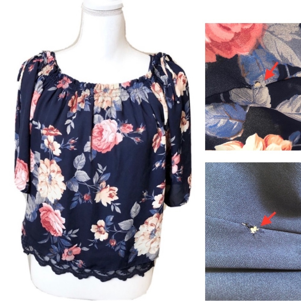 iZ Byer Navy Flowy Floral Off Shoulder Top Women’s Medium